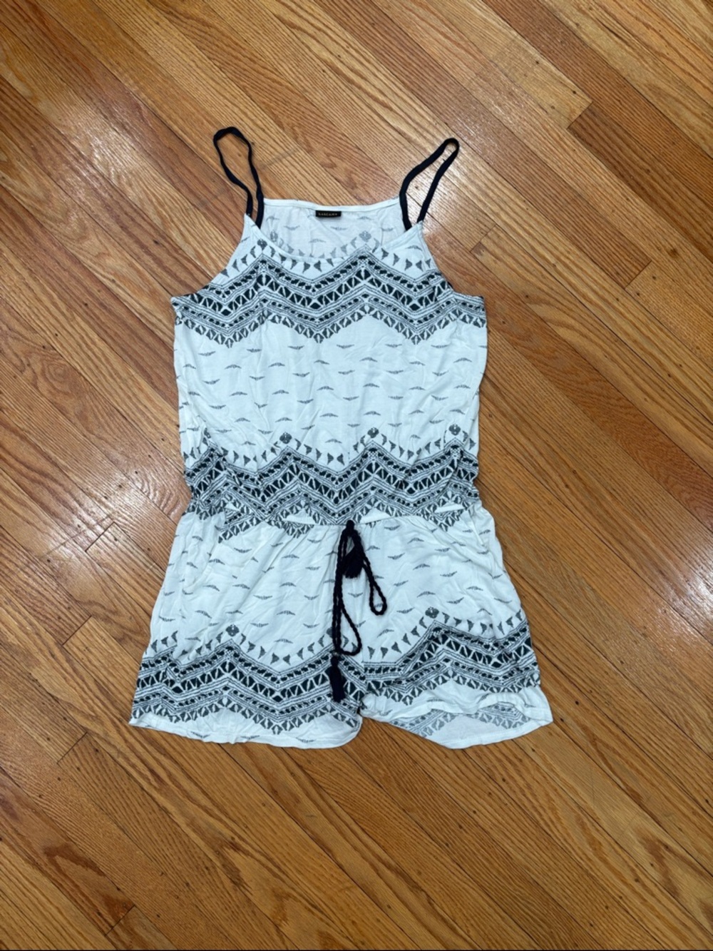 Women's White & Black Patterned Romper with Drawstring Waist